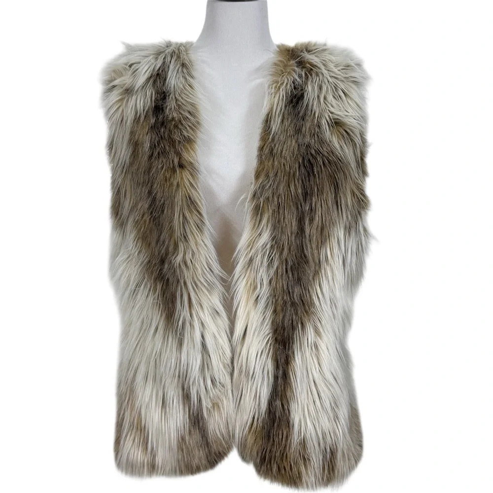 Fabulous Furs Faux Fur Vest L Long Shaggy Wolf Brown Gray Sleeveless Open Front - Picture 9 of 9
